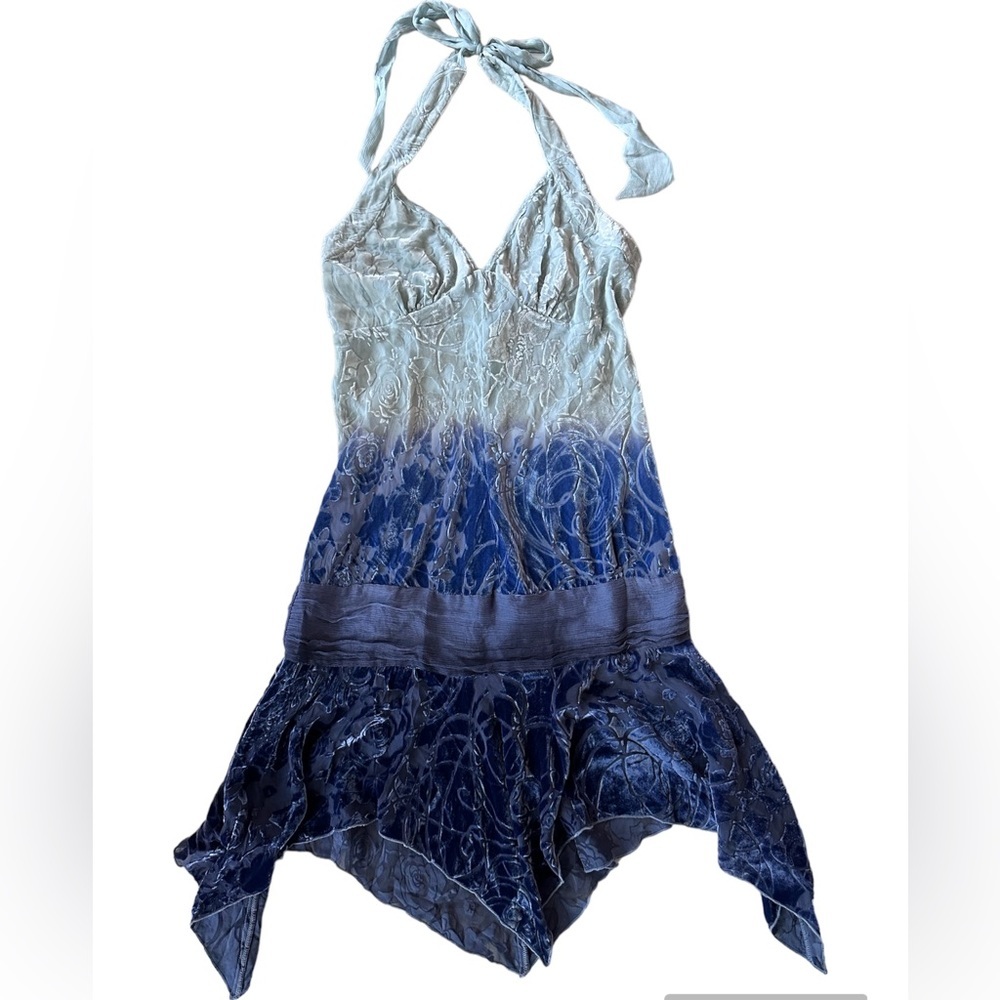 Arden B Luxe Blue Ombre Burnout Velvet Silk Halter Dress Size Small
